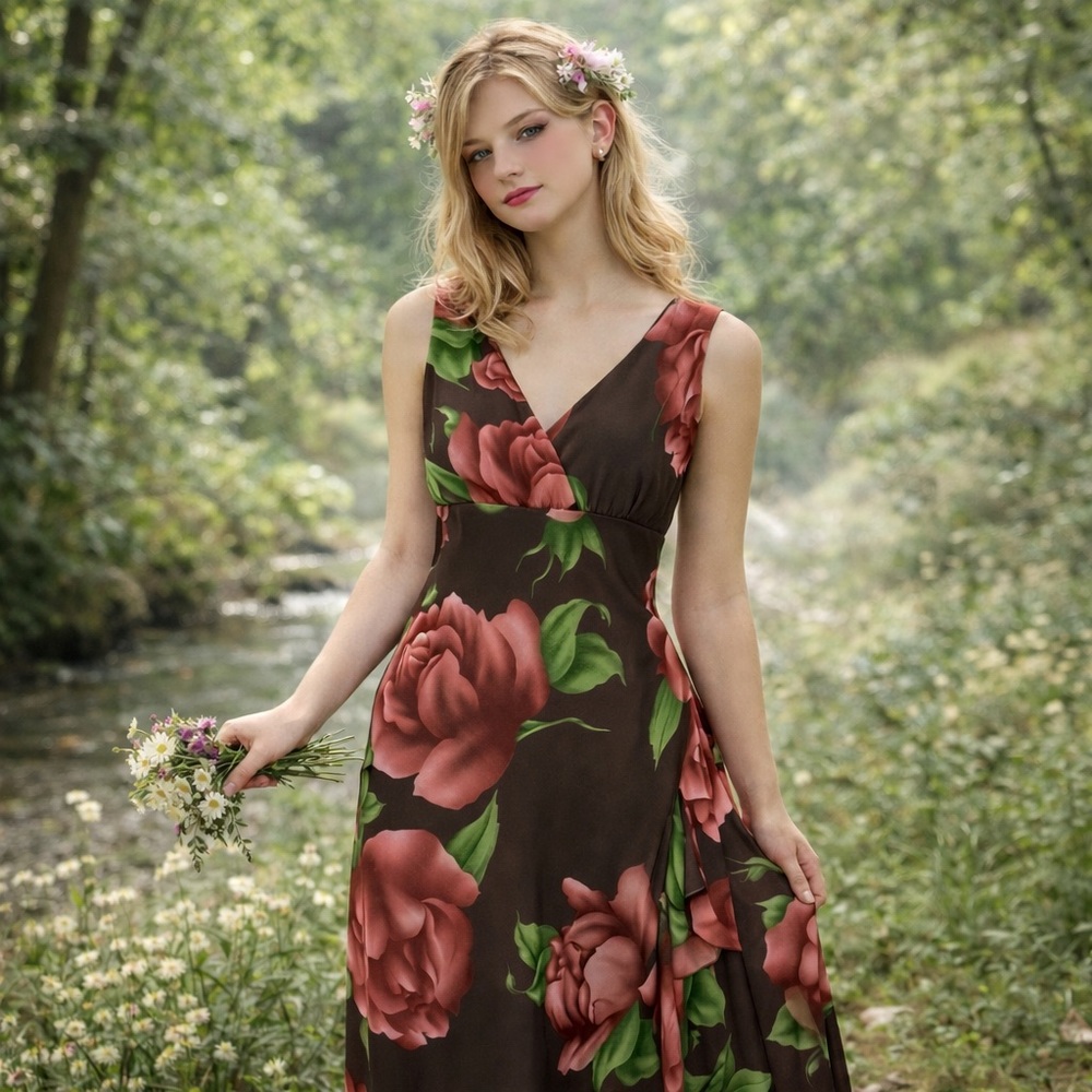 Vintage Floral Midi Dress Made in USA Brown Red Roses Fairycore Cottagecore Sz M